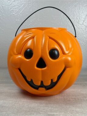 Vtg HALLOWEEN ORANGE PUMPKIN Pail Bucket General Foam Plastic Trick Treat Candy
